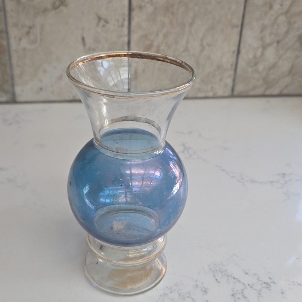 Vintage Mid Century Gold Trim Blue Glass Bud Vase Bartlett Collins